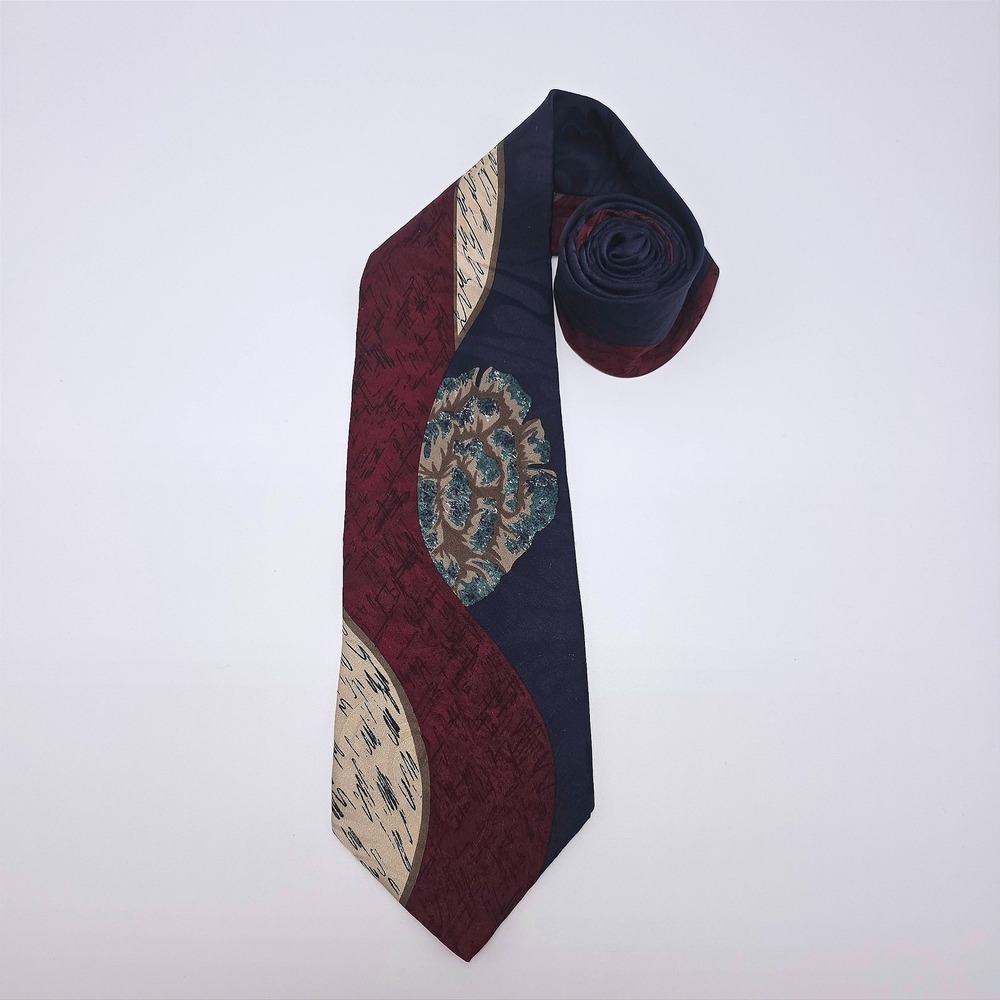Retro Ferracci Mens Silk‎ Necktie Burgundy Navy Blue Abstract Geometric Pattern